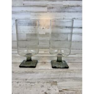 Vintage MCM Smoky Glass Wine Goblets Square Base Set of 2 Mid Century Barware